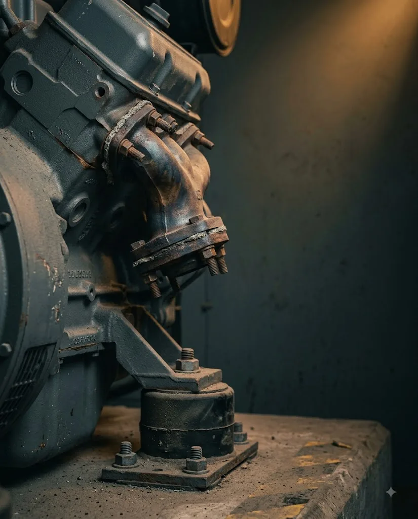 Ruang mesin genset industri dengan filter, hose, dan komponen engine